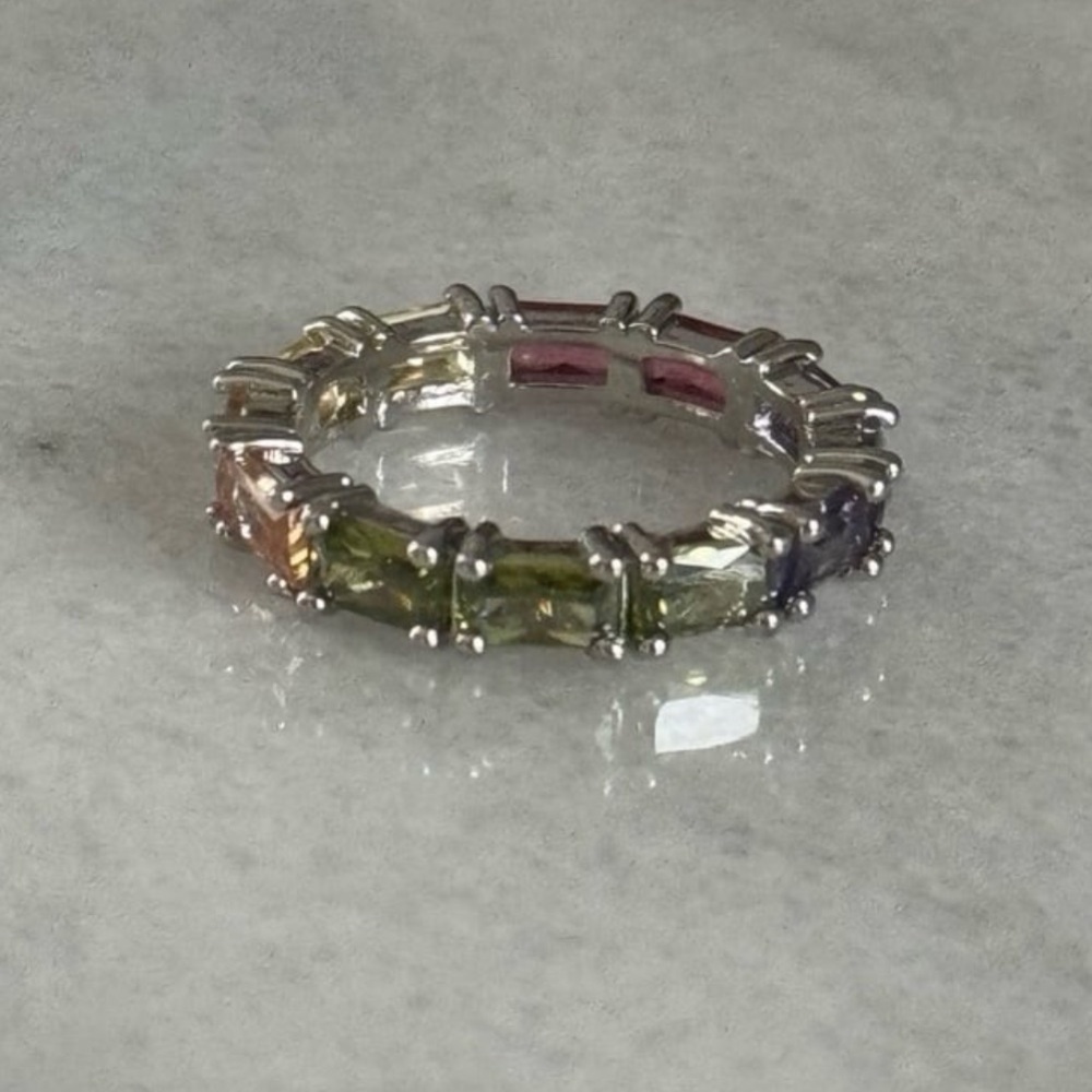 Silver Multi Color Princess Crystal Ring Size 7